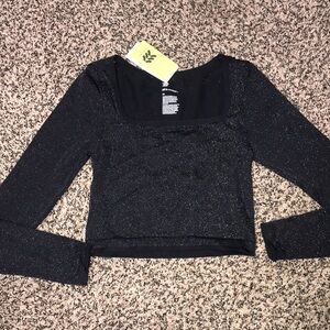 NWT! All In Motion Black Shimmer Square Neck Tight Fit Cropped Long Sleeve Top